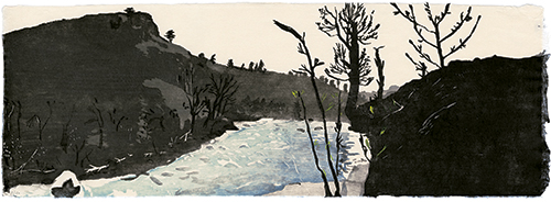 Tieton River, Japanese woodblock print, 24 x 67 cm, 2011
