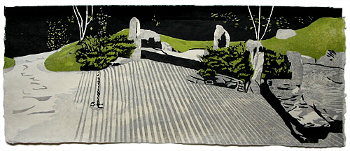 Der japanische Garten in Berlin, japanischer Holzschnitt, 26 x 63 cm, 2004