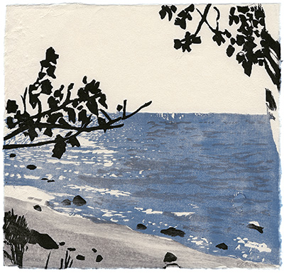 Ostsee, Bäume, japanischer Holzschnitt, 24 x 25 cm, 2009
