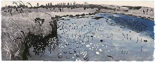 Fluss, Maine, japanischer Holzschnitt, 24 x 67 cm, 2010