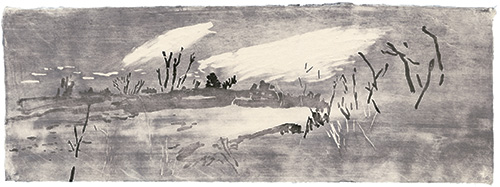 Flussufer, Wolken, japanischer Holzschnitt, 24 x 67 cm, 2010