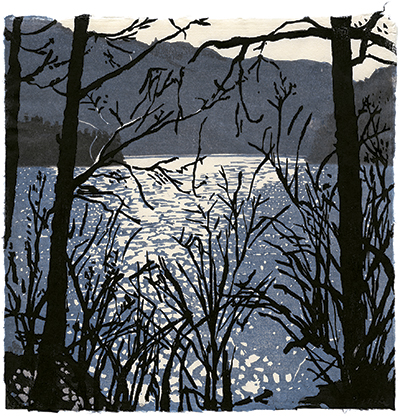 Crescent Lake, japanischer Holzschnitt, 24 x 24 cm, 2011