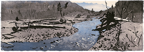 Hoh River, japanischer Holzschnitt, 24 x 67 cm, 2011