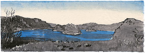 Three Rocks, Japanese woodblock print, 24 x 67 cm, 2011