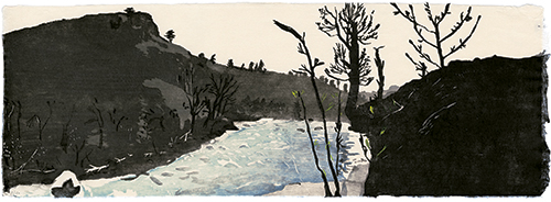 Tieton River, japanischer Holzschnitt, 24 x 67 cm, 2011