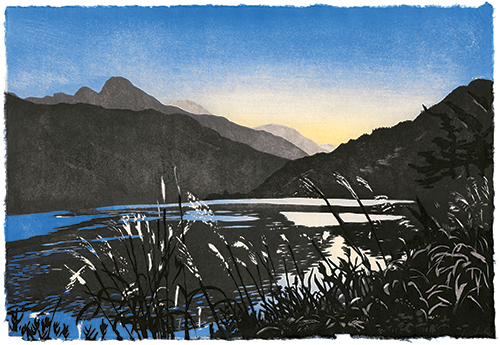 Lake Kawaguchiko, Japanese woodblock print, 30 x 45 cm, 2012