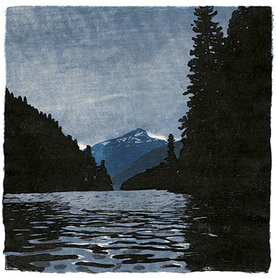 Diablo Lake 2, japanischer Holzschnitt, 24 x 24 cm, 2014