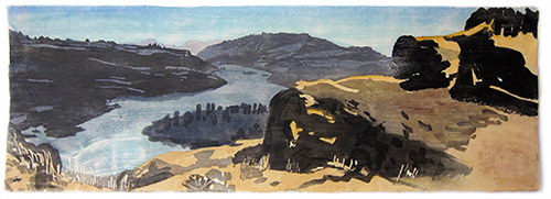 Abend am Columbia River, japanischer Holzschnitt, 33 x 97 cm, 2018