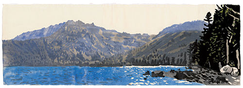 Fallen Leaf Lake, japanischer Holzschnitt, 33 x 97 cm, 2019