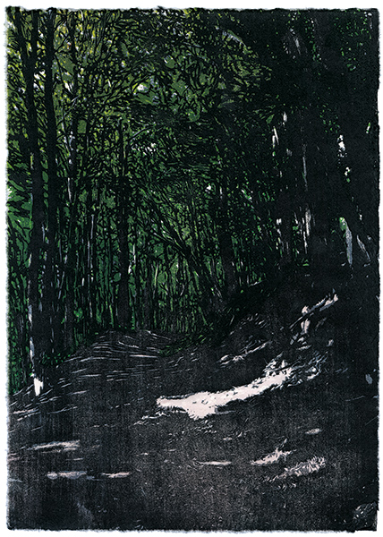 Waldweg, japanischer Holzschnitt, 33 x 23 cm, 2020