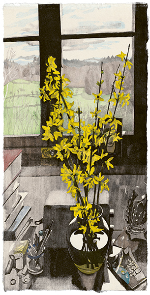 Forsythien, japanischer Holzschnitt, 60 x 30 cm, 2023